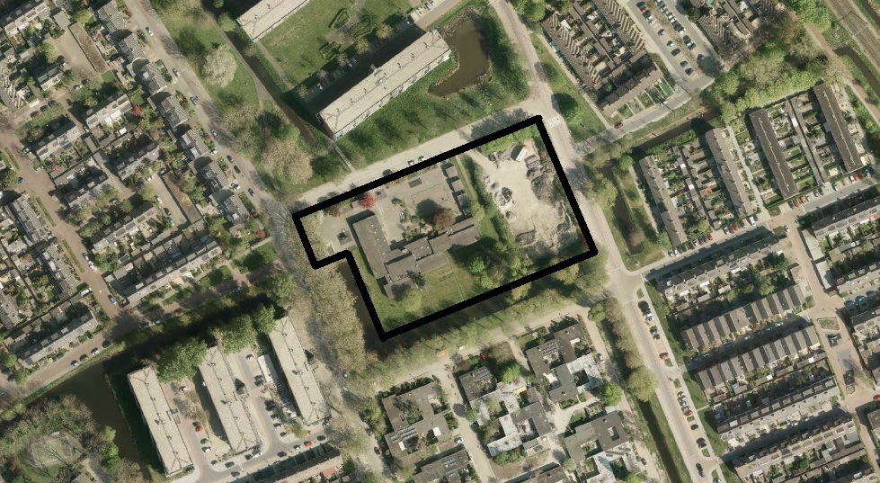 Luchtfoto van locatie IKC Pijnacker Noord, gebied tussen Groen van Prinstererlaan, Meidoornlaan, Park Berkenoord en Acacialaan.