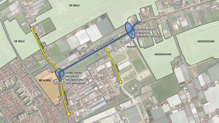 Kaart met projectgebied Katwijkerlaan tussen kruispunt Vlielandseweg-Nieuwkoopseweg en S-bocht bij de Reesloot